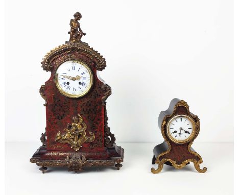 BOULLE MANTLE CLOCK, 19th century French Leroy, with gilt metal mounts enamel face and figural mount along with a boulle brac