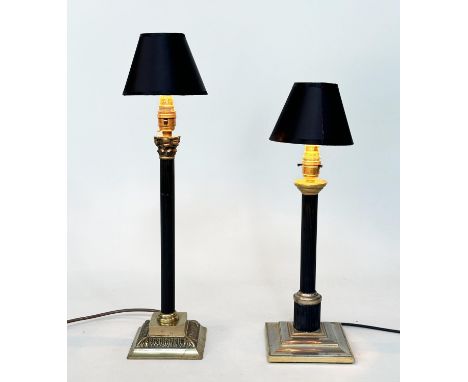 COLUMN TABLE LAMPS, neo classical style black fluted column, Corinthian-capped and stepped base together with a similar small