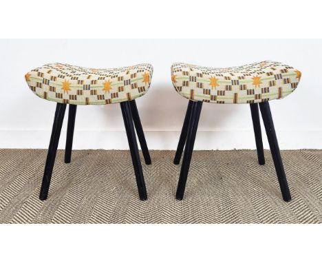 STOOLS, a pair, vintage ebonised with geometric upholstery, 54cm H x 48cm W x 35cm D. (2)