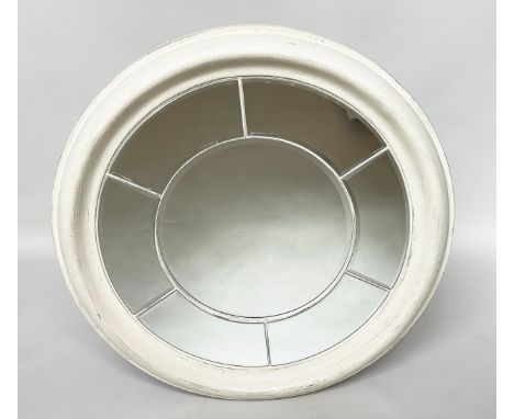 ARCHITECTURAL WALL MIRROR, large circular white, with moulded frame and marginal plates bevelled mirror throughout, 123cm W.
