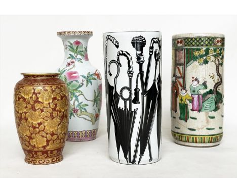 STICK STAND, black and white ceramic cylinder form together with a 19th century Chinese stick stand, and two other vases, 44c