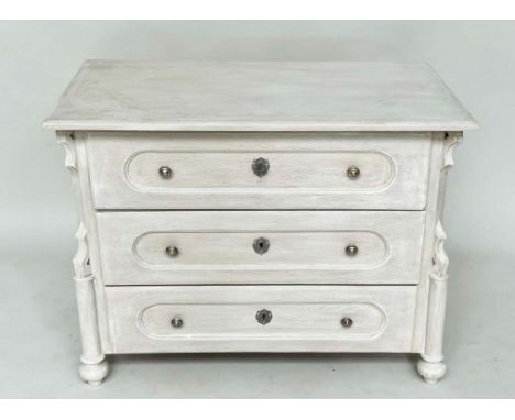 COMMODE, 19th century French Napoleon III, traditionally grey painted with three long drawers and turned supports, 78cm H x 9