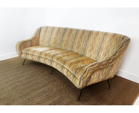 SOFA, vintage 20th century with wavy patterned upholstery, 87cm H x 235cm W x 105cm D.