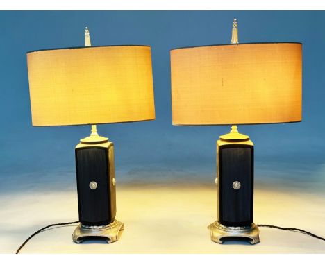 TABLE LAMPS, a pair, 'Versace' style resin and silver  (with shades), 567cm H. (2)