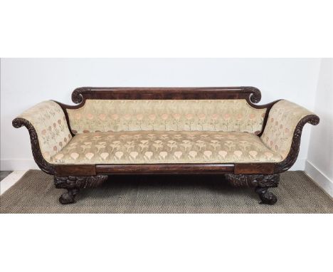 SOFA, American Federal mahogany, with a carved showframe and patterned velvet upholstery, 66cm D x 88cm H x 230cm W.