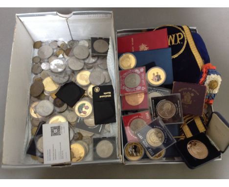 A box of assorted coins and a Masonic type sash.  