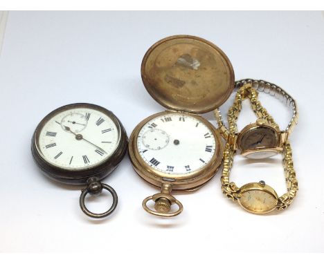 A mixed lot of watches comprising a hallmarked silver open faced pocket watch, a gold plated Vertex, a ladies watch with 9ct 