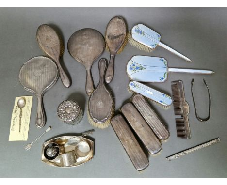 A mixed lot of hallmarked silver comprising a silver and enamel dressing table set comprising hand mirror and two brushes, Ch