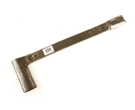 An 18c Dutch morticing axe with 3 prominent touch marks and 15" blade G+