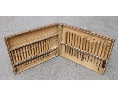 A users set of 30 turning tools some by SORBY and TURNER but many unnamed all contained in purpose made plywood fitted carryi