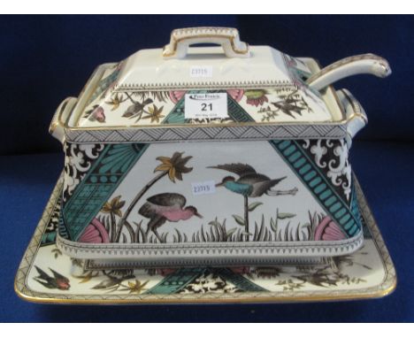 19th Century Staffordshire pottery rectangular shaped soup tureen, cover, stand and ladle, T.F & Co, 'Congo' with registratio