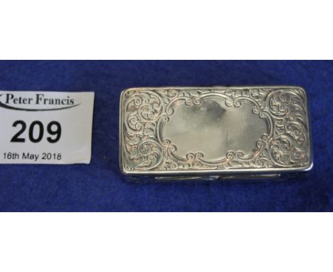 Victorian engraved silver rectangular snuff box with hinged cover, Birmingham hallmark with initials: H&T.(B.P. 24% incl. VAT