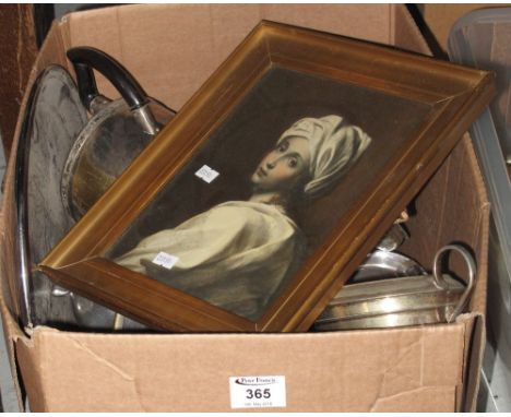 Box of assorted metalware to include: teapot, cake stand and other teaware items etc. Together with a framed portrait print. 