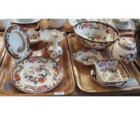 Two trays of Masons Ironstone Mandalay design items to include: ginger jar and cover, pedestal bowl, cabinet plate, oval pict