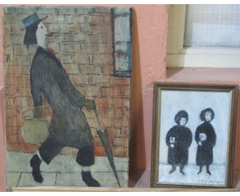 After Lowry, portrait of a man, bearing signature, together with another, portrait of two women, oils, (2)(B.P. 24% incl. VAT