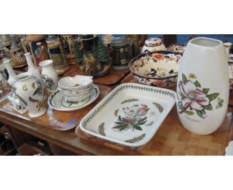 Two trays of Portmeirion pottery Botanic Garden design items to include: vinegar and olive bottles, baluster vases, casserole