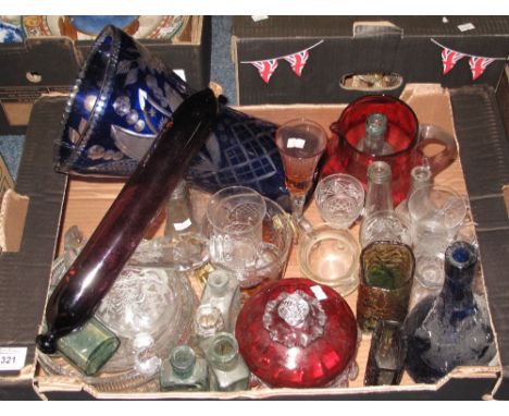 Box of assorted glassware to include: large blue flash cut vase, vintage glass rolling pin, coloured glass jugs, chemist bott