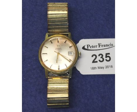Omega gold plated gentleman's automatic wristwatch with satin face, having baton numerals, sweep seconds hand and date apertu