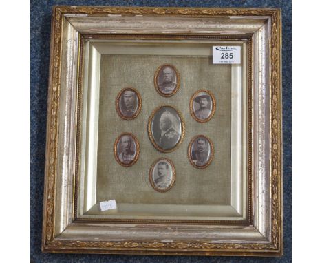 Framed group of photographic portrait miniatures to include: Queen Victoria; Baden-Powell; Lord Roberts and other military fi
