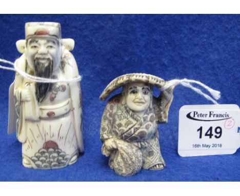 Carved bone figure of an oriental deity, together with a carved oriental netsuke figurine. (2)(B.P. 24% incl. VAT)