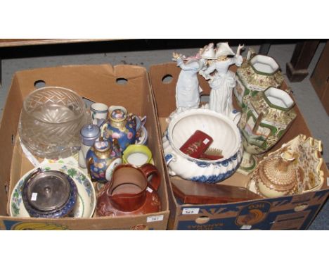 Two boxes of assorted items to include: a salt glaze two tone hunting scene jug, pair of Noritake floral two handled gilded v