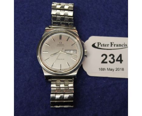 Omega gentleman's steel automatic day/date wristwatch with sweep second hand and baton numerals on associated expanding brace