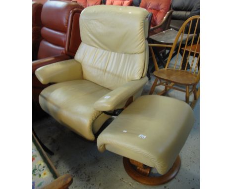 Modern cream leather swivel armchair with matching stool. (2)(B.P. 24% incl. VAT)