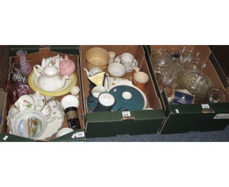Three boxes of assorted china and glass to include: various teaware, Poole pottery tureen and other items, moulded glass bowl