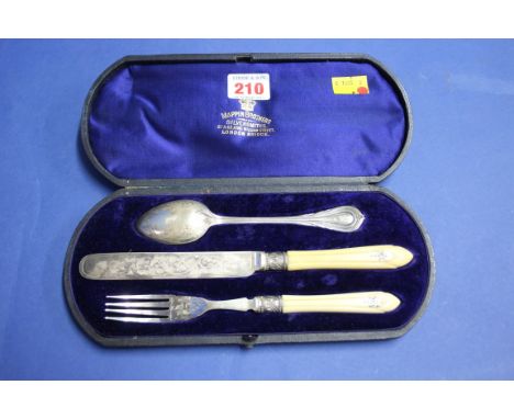 A cased Mappin & Webb silver plated christening knife, fork and spoon.