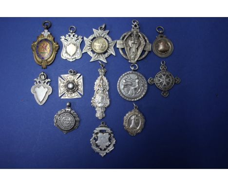 An 18ct gold and enamel medallion 7.9g, together with a small collection of 19th and 20th century silver and other achievemen