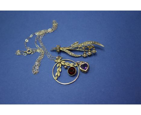 An 9ct garnet pendant on fine 9ct gold chain; together with a 9ct gold and seed pearl floral brooch; and an amethyst heart pe