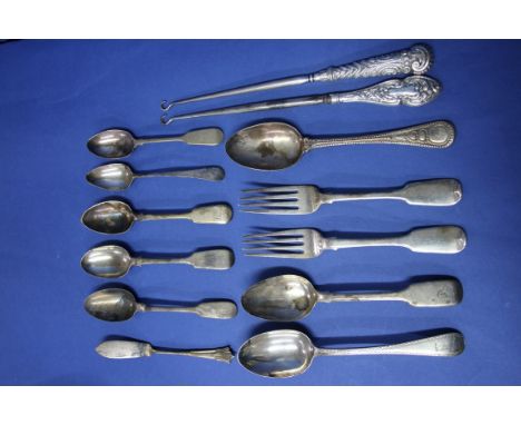 A small quantity of Georgian and later silver cutlery, 363g; together with two silver handled button hooks.