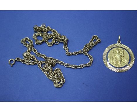 An 18k gold St Christopher pendant, 4.5g on an unmarked rope twist chain, 12.5g.
