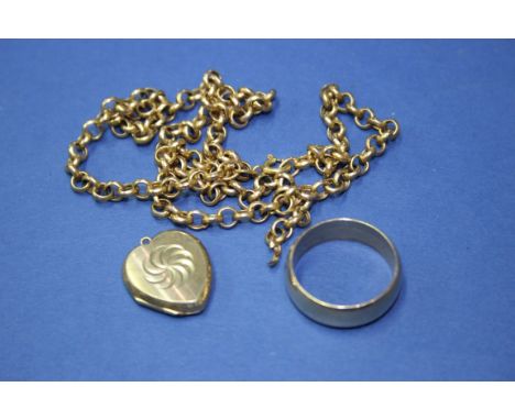 A 9ct gold wedding band 7.3g; together with a heart shaped locket; and a belcher chain (a/f), 