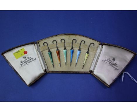 A cased set of six novelty silver and guilloche enamel umbrella cocktail sticks, by Adie Brothers Ltd, Birmingham, 1931, 6.8c