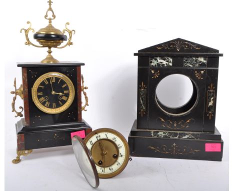 19th century Victorian slate and gilt metal mantel clock. The black dial in slate case with gilt ormolu embellished case havi