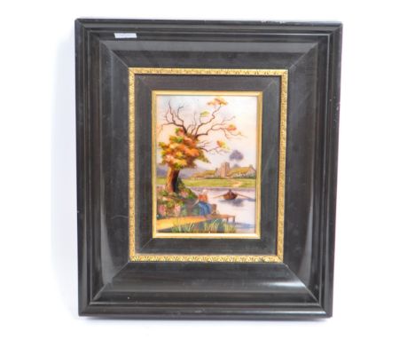 Early 20th century circa 1930s French Limoges miniature landscape enamel plaque painting. Depicting a village in back ground 