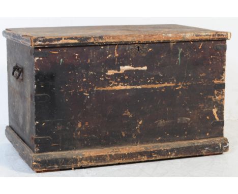 A Victorian 19th century wooden chest with contents of carpenters tools to include arch planes, carpenter saw, hickory handle