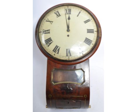 A 19th century Victorian mahogany cased fusee movement drop dial wall clock. The clock having white dial with Roman numeral c