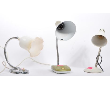 A collection of three retro 20th Century table / desk lamps. Comprising a green enamel / aluminium pendant shade and base exa