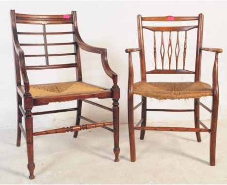 Two 19th century Arts &amp; Crafts rattan armchairs. One having ladder back style background on curved elbow rests on a ratta