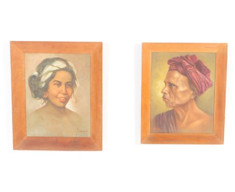 Two mid 20th century oil on canvas portrait paintings. One attributed to Bazaar (Indonesia, 1901-1990) depicting a man wearin