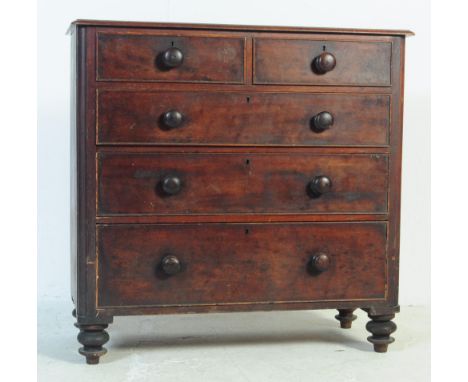 A&nbsp; Victorian 19th century mahogany chest of drawers. Raised on bun feet with short and deep drawers having knob handles 