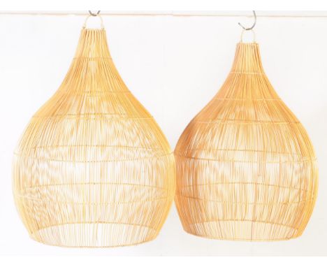 Two retro vintage 20th Century bamboo / wicker rattan ceiling / standard lamp light shade of large domed form. Measures appro