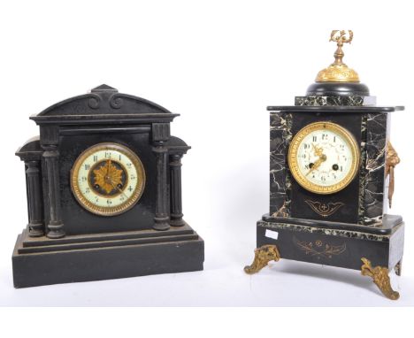 19th century Victorian slate and gilt metal mantel clock. The black dial in slate case with gilt ormolu embellished case havi