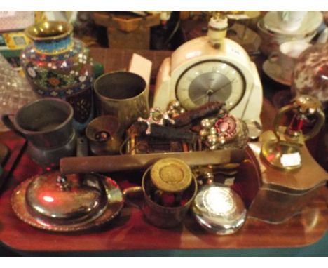 A Tray of Sundries to Include Cloisonne Vase, White Bakelite Lamp/Clock by Metamec, Silver Plate Items to Include Knife Rests