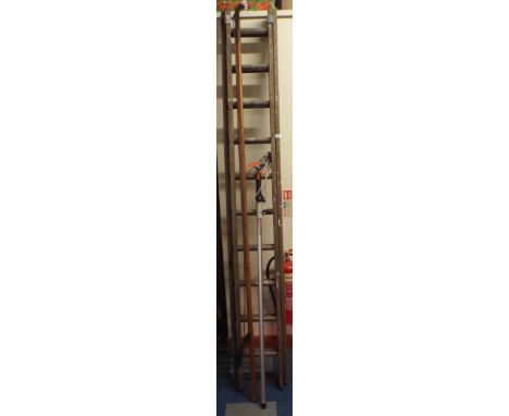 A Wooden Extending Ladder and Two High Reach Pruners.
