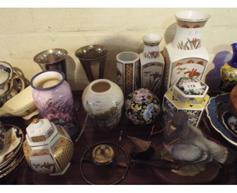 A Tray of Oriental Ceramic Vases and Ginger Jars to Include Seizan, Stock Dove Ornament Etc. 