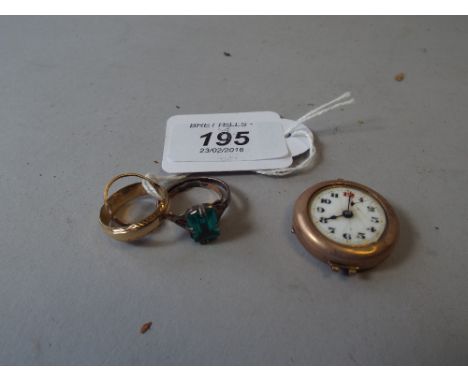 A Gold Ladies Watch (AF), Three Gold Rings and A Green Stone Dress Ring. 