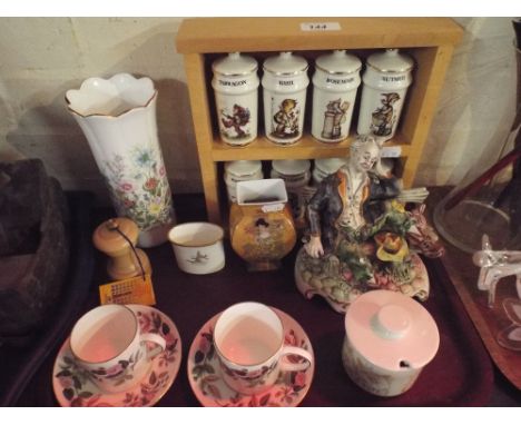 A Tray of Mixed Ceramics to Include Wedgwood Coffee Cans and Saucers, Aynsley Wild Tudor Vase, Ceramic Spice Set Etc.